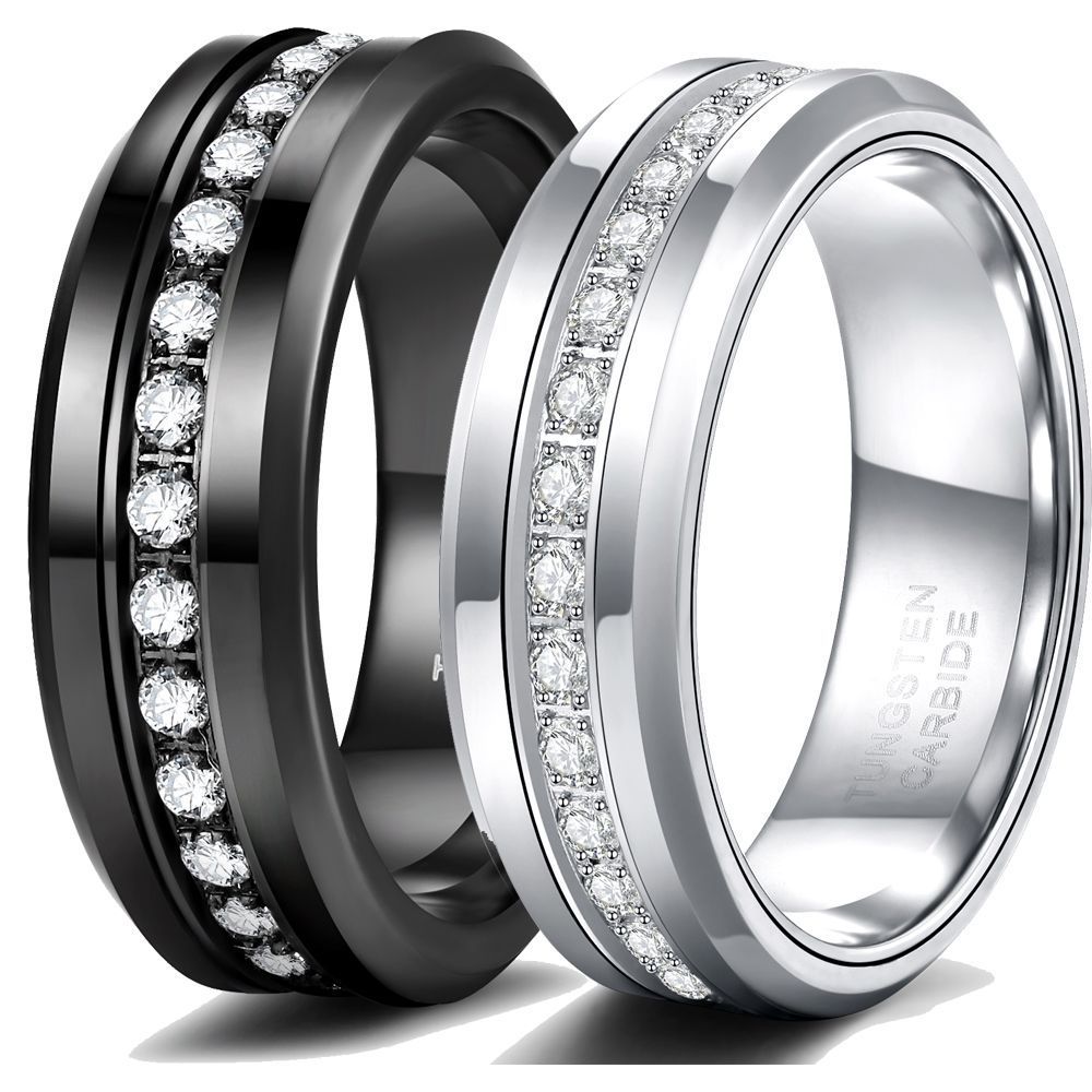 Single Row Diamond-embedded Slope Edge Unisex Silver Tungsten Ring