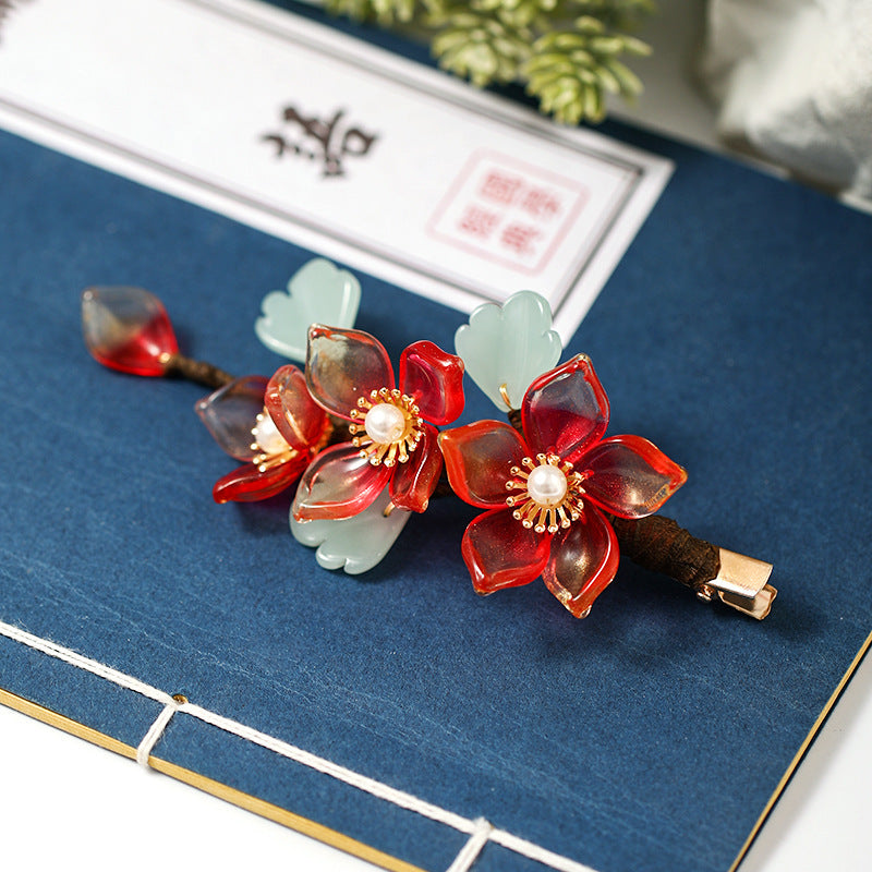 Red Female Antique Crystal Flower Hairpin Hanfu Ancient Costume Accessories