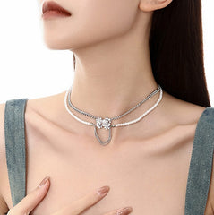 Women's Square Diamond Pearl Double-layer Necklace