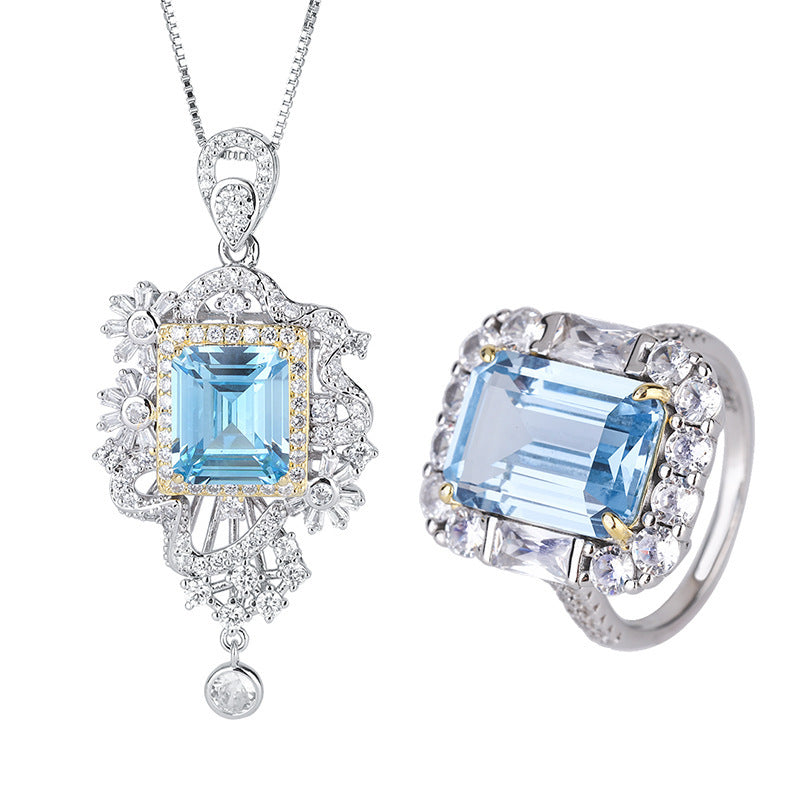 Simulated Aquamarine Pendant Ring Set