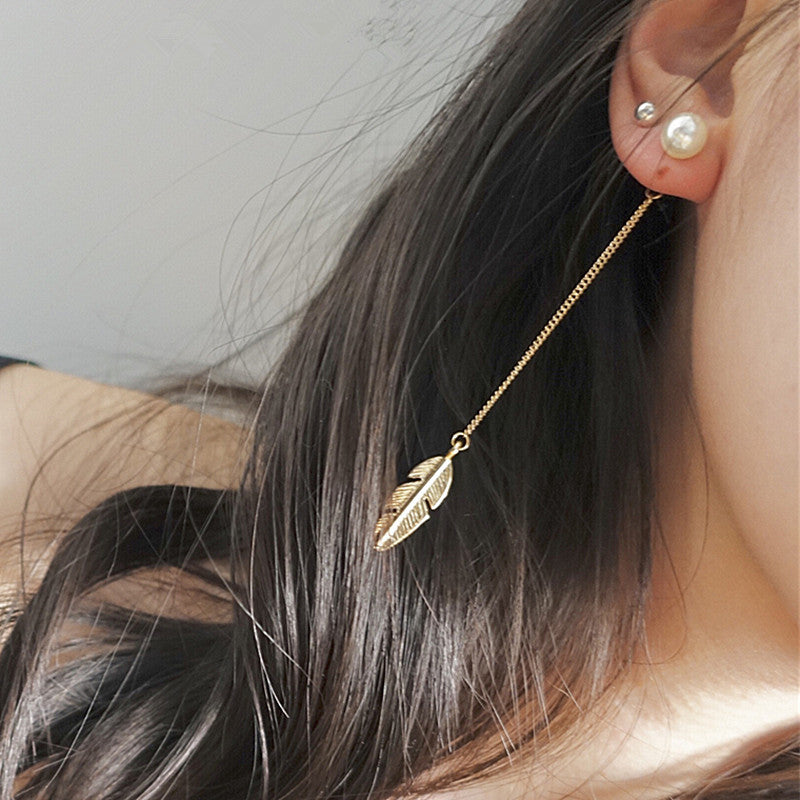 Personality Feather Leaf Pearl Tassel Long Earrings