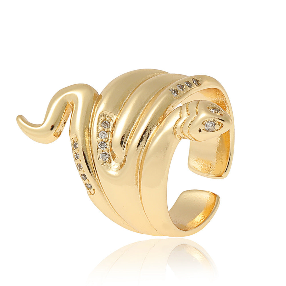 Copper Plated Genuine Gold Snake Shaped Diamond Ring With Adjustable