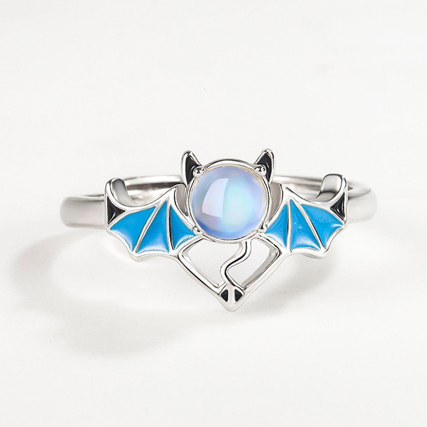 Silver Blue Moonlight Stone Angel Demon Ring