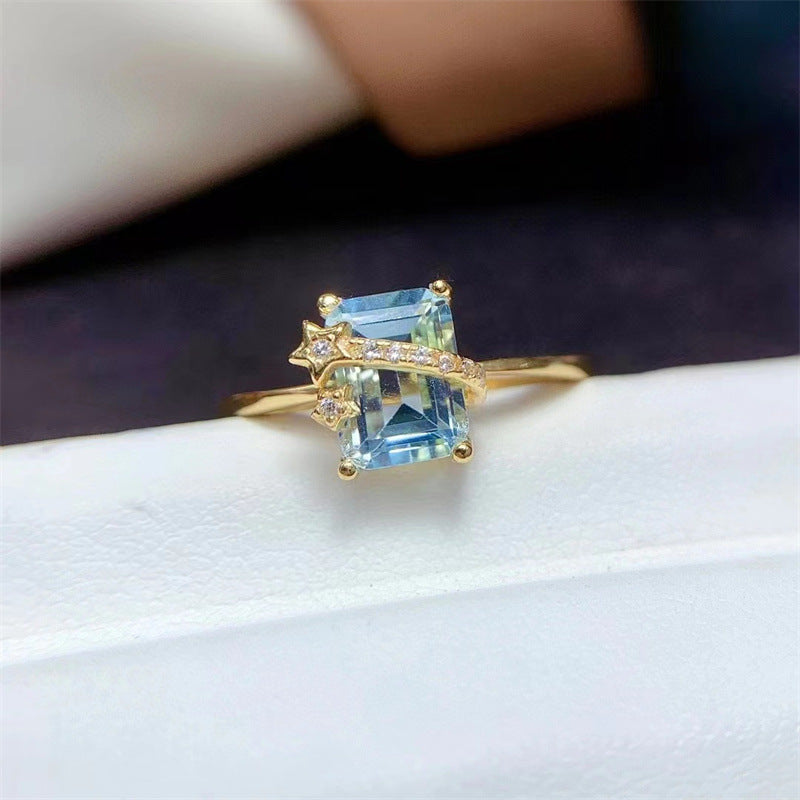 Natural Sky Blue Topaz Ring 925 Silver Inlay Light Luxury