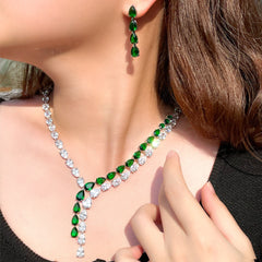 Two Tone Patchwork Teardrop Zircon Jewelry Necklace Earring Set Chain