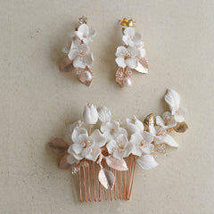 Porcelain Hair Comb Earring Set White Flowers