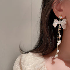 Zircon Pearl Bowknot Tassel Earrings Super Fairy Lady Earrings Temperament Sweet Earrings Women