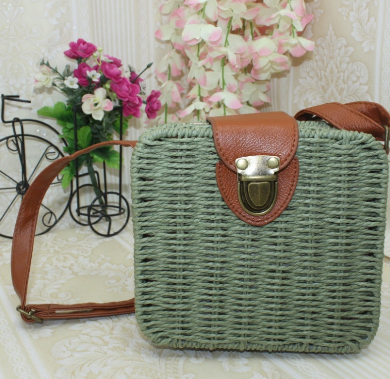 Women's rattan beach bag shoulder diagonal candy color small square box weaving straw bag