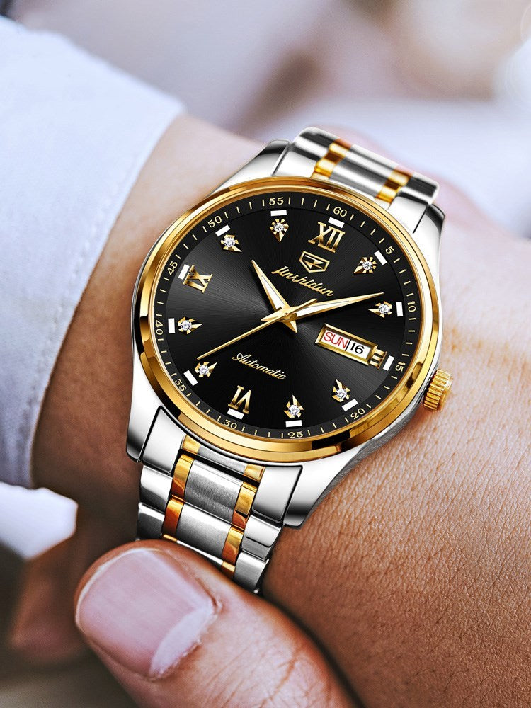 Simple dual calendar waterproof black mechanical watch