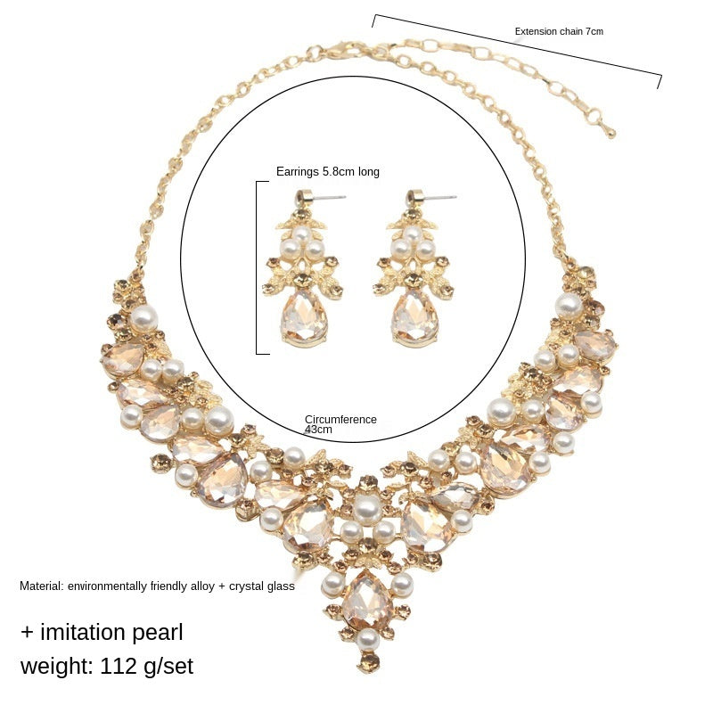 Crystal Pearl Gemstone Necklace And Earrings Set