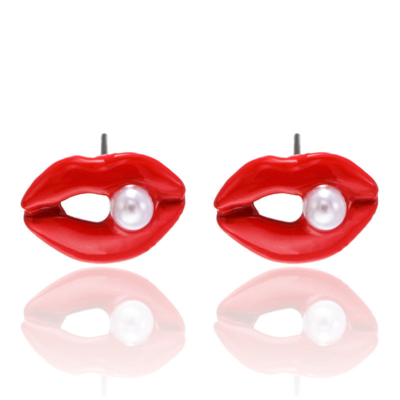 Korean Fashion Jewelry Female Red Lips Inlaid Pearl Big Mouth Earrings