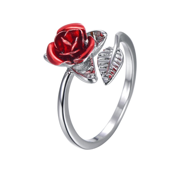 Red Rose Garden Flower Leaves Resizable Gold Finger Rings