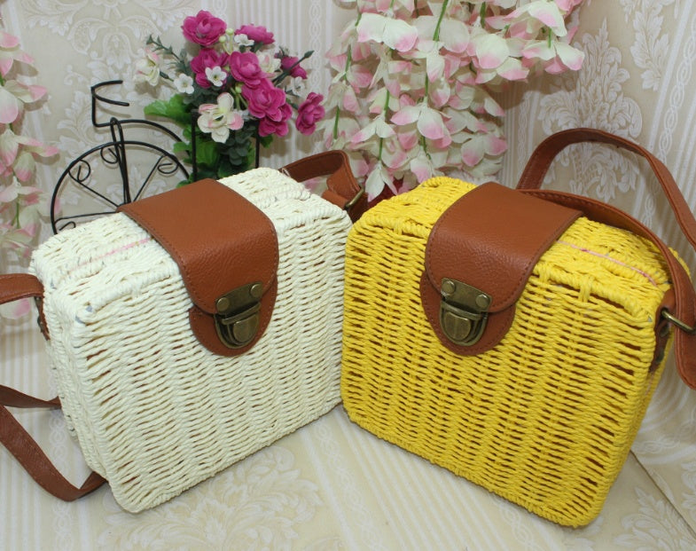 Women's rattan beach bag shoulder diagonal candy color small square box weaving straw bag