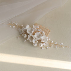 White Ceramic Flower Bridal Hair Comb Shell