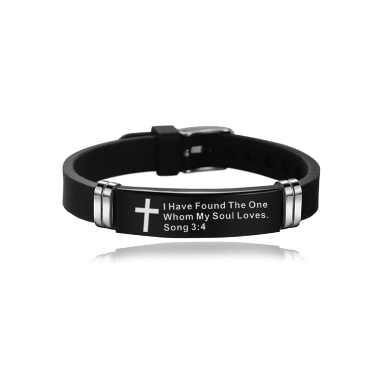 Christian Bible Cross Scripture Bracelet Stainless Steel Silicone Strap Bracelet