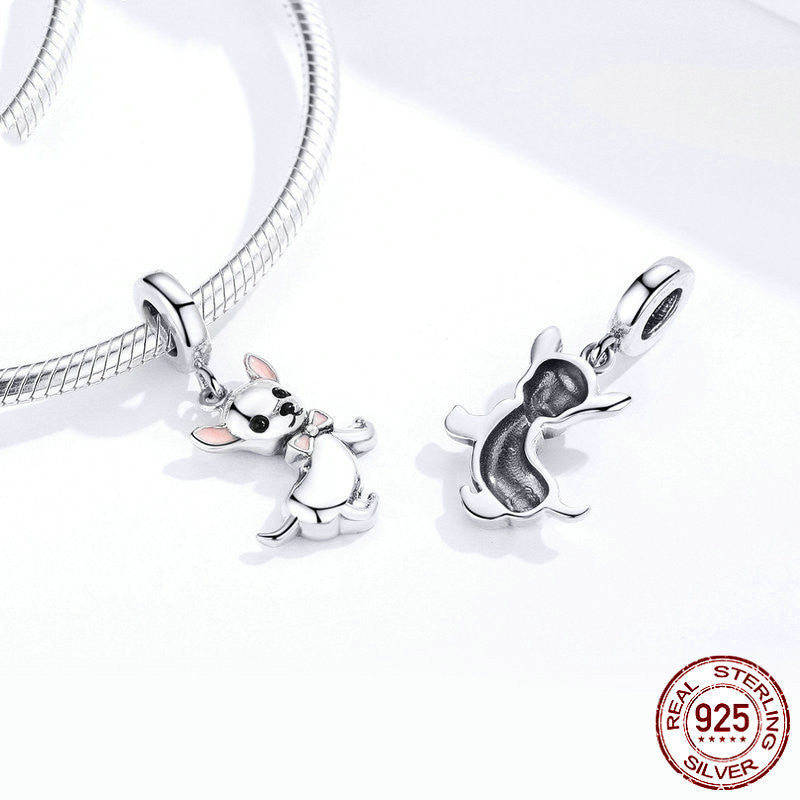 Cute Animal Chihuahua S925 Sterling Silver Pendant Fashion DIY Beaded Bracelet Necklace Silver Accessories SCC1317