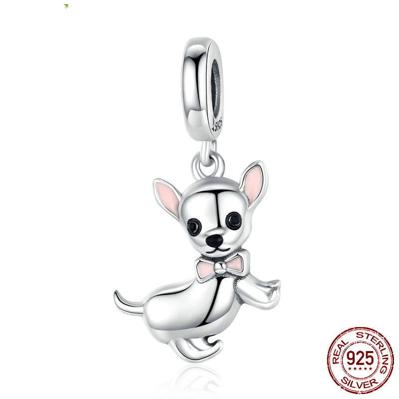 Cute Animal Chihuahua S925 Sterling Silver Pendant Fashion DIY Beaded Bracelet Necklace Silver Accessories SCC1317