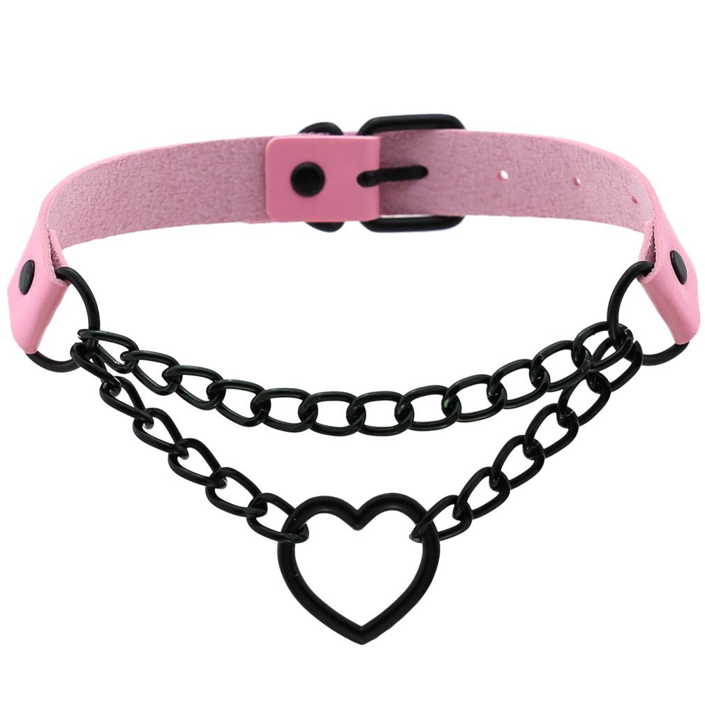 Women's Peach Heart Black Chain Collar Necklace