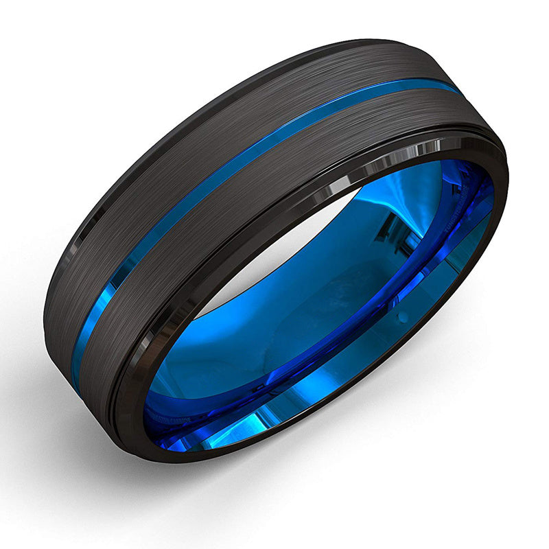 Two-Tone Men'S Jewelry 8Mm Wide Slotted Blue And Black Tungsten Steel Ring Jewelry