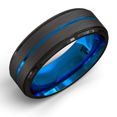 Two-Tone Men'S Jewelry 8Mm Wide Slotted Blue And Black Tungsten Steel Ring Jewelry