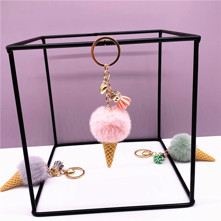 Ice Cream Keychain Cute Bag Cartoon Plush Pendant Cone Car Key Chain Ring Hair Ball Creative Gift