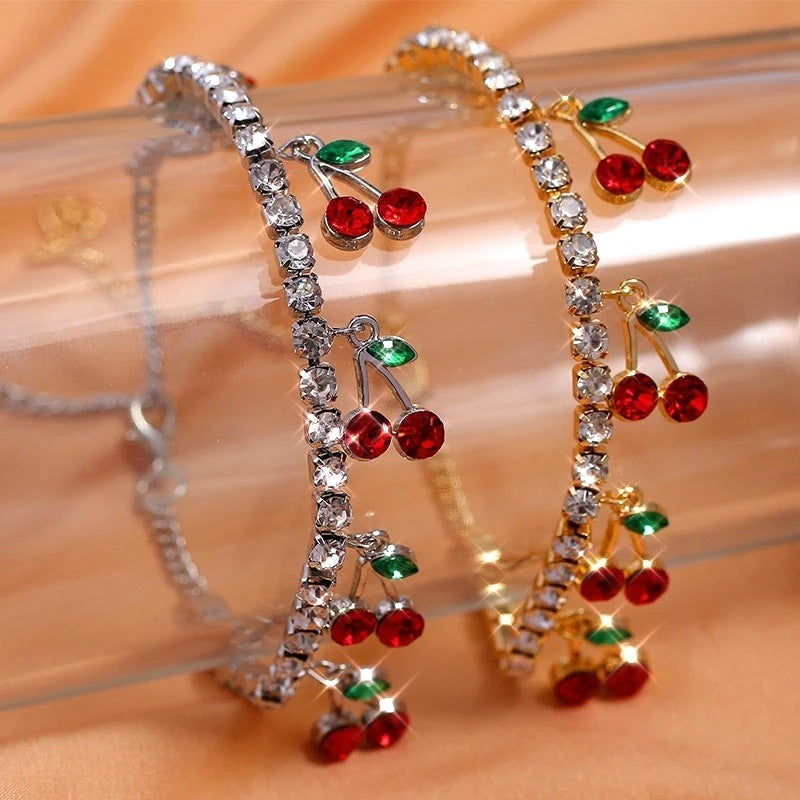 Fashion Diamond Red Cherry Bracelet Shiny Trendy Jewelry