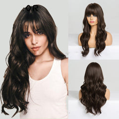 Black Brown Long Curly Hair With Bangs