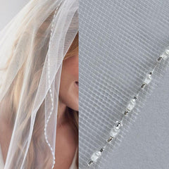 White x Lvory 1 Tier Fingertip Wedding Veils Crystal Pearls Cut Edge Bridal Veil with Comb Bridal Accessories