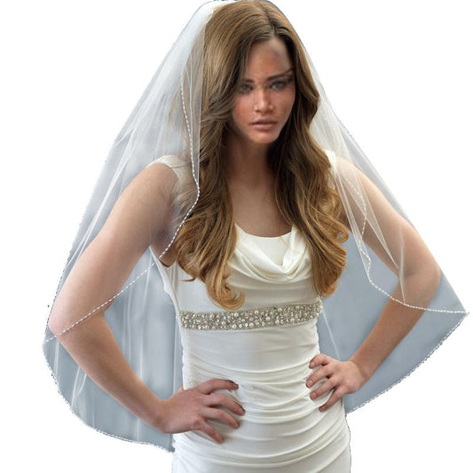 White x Lvory 1 Tier Fingertip Wedding Veils Crystal Pearls Cut Edge Bridal Veil with Comb Bridal Accessories