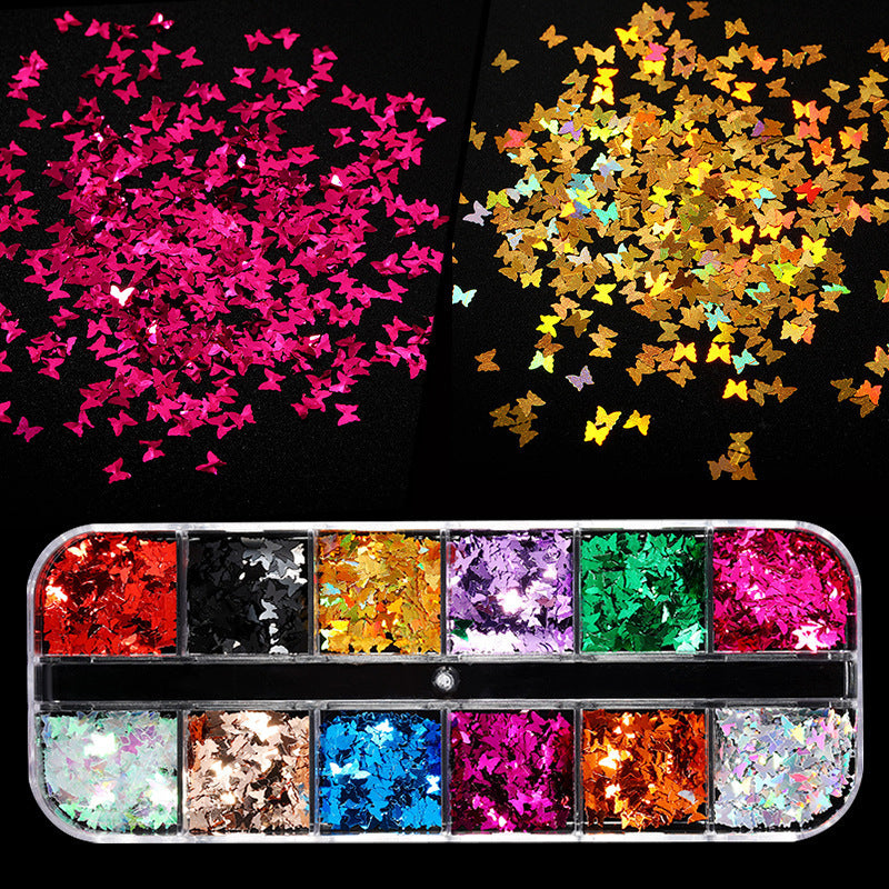 Cross-Border Hot Sale Nail Art Butterfly Sequin Thin Net Red Eye Makeup Patch Laser Symphony Glitter Powder 12 Color Set