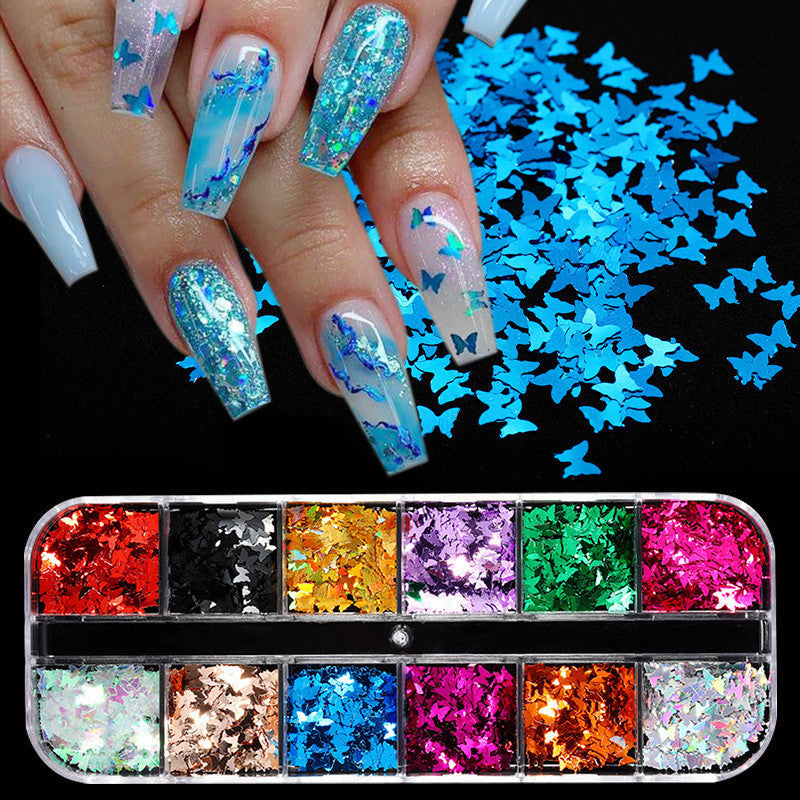 Cross-Border Hot Sale Nail Art Butterfly Sequin Thin Net Red Eye Makeup Patch Laser Symphony Glitter Powder 12 Color Set