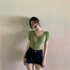 Slim Slimming V-Neck Short-Sleeved Sweater Women Casual Short-Sleeved T-Shirt Top