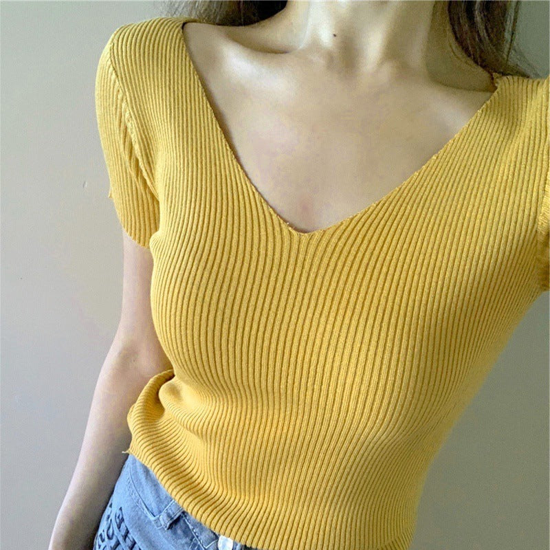 Slim Slimming V-Neck Short-Sleeved Sweater Women Casual Short-Sleeved T-Shirt Top