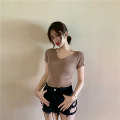 Slim Slimming V-Neck Short-Sleeved Sweater Women Casual Short-Sleeved T-Shirt Top