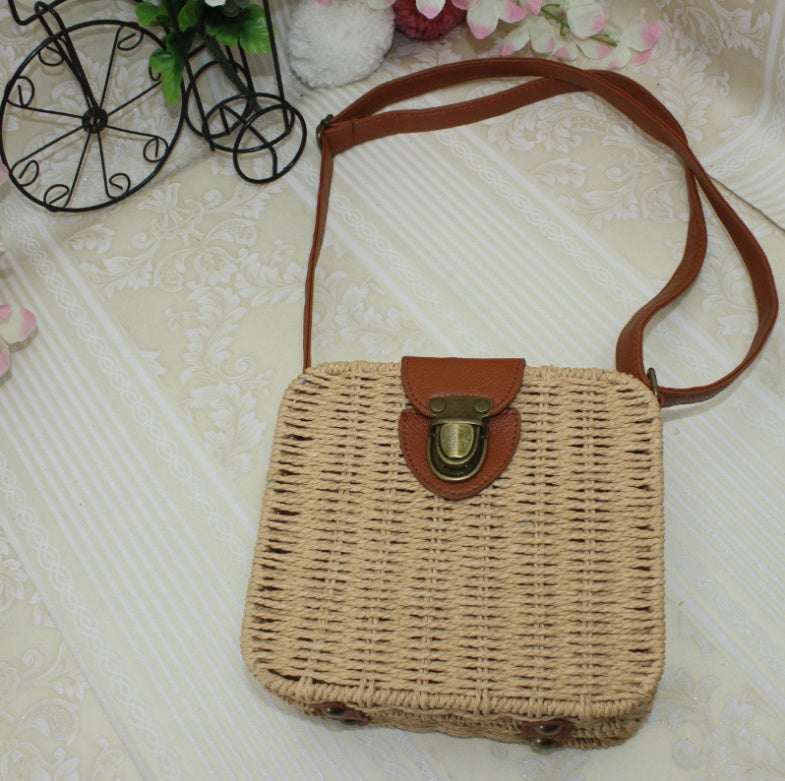 Women's rattan beach bag shoulder diagonal candy color small square box weaving straw bag