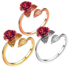 Red Rose Garden Flower Leaves Resizable Gold Finger Rings