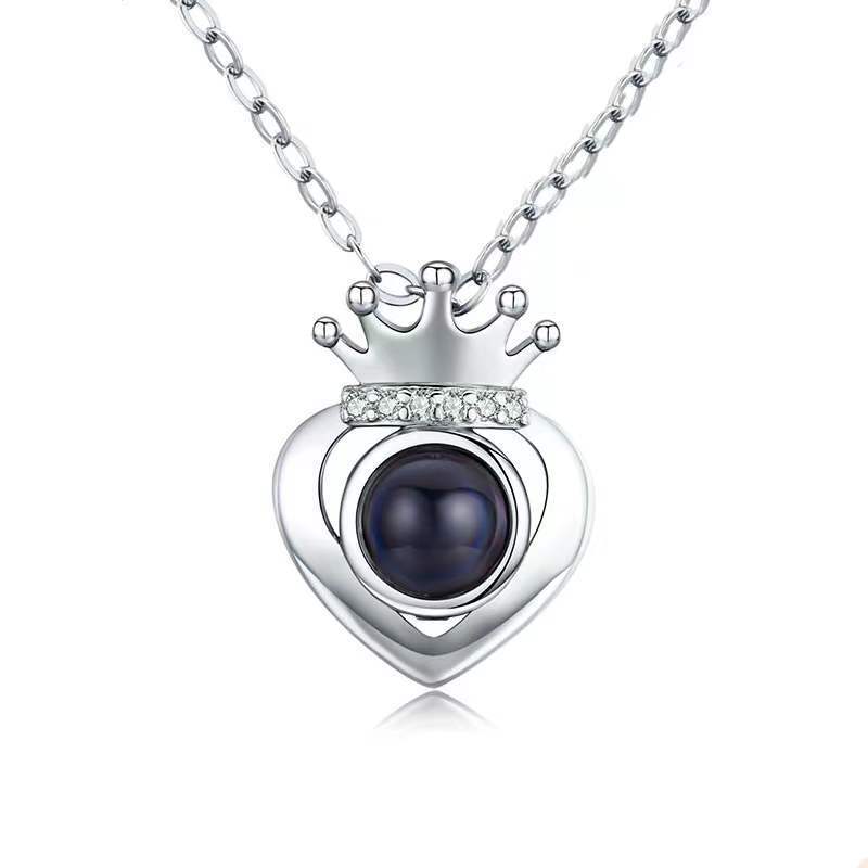 Women's Silver Heart Crown Projection Necklace