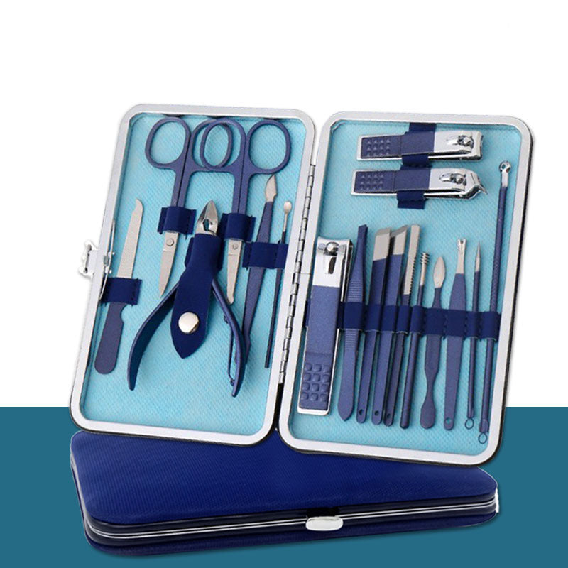 18-piece stainless steel manicure beauty set in blue case