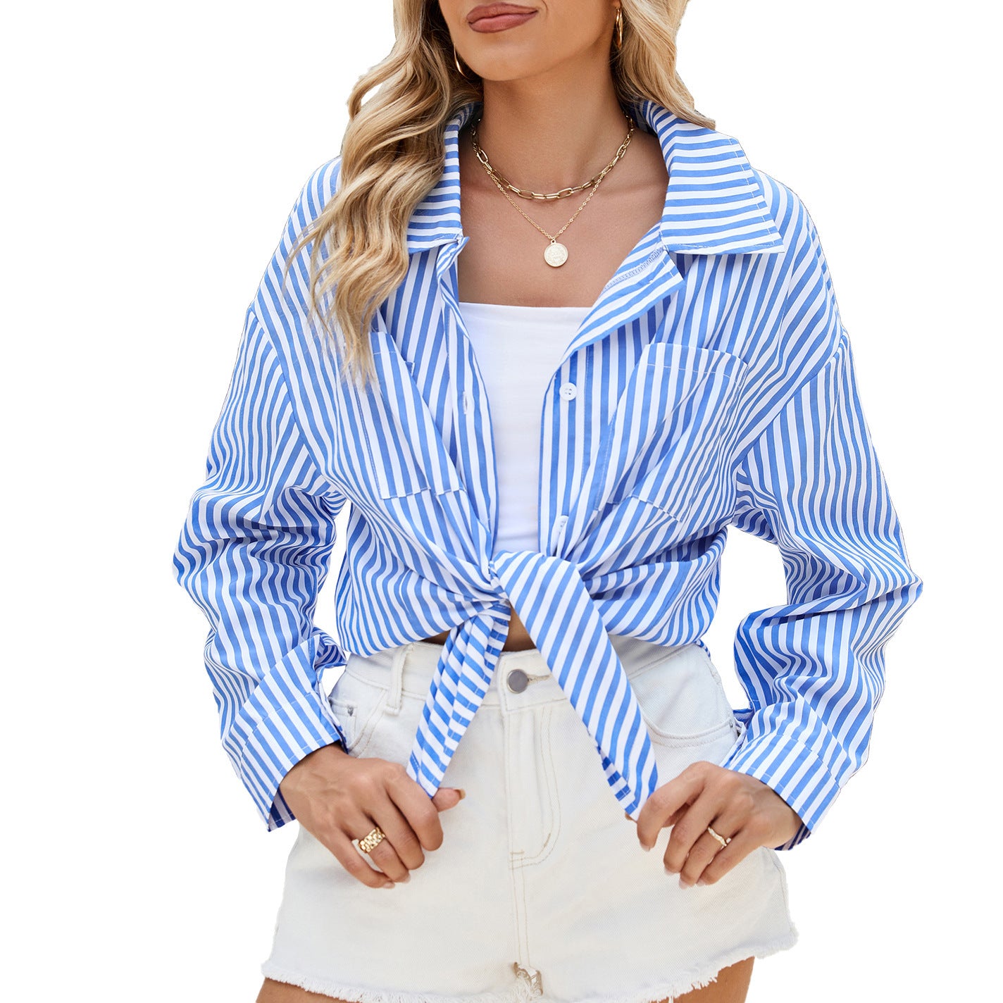 Women's Striped Button Down Shirts Casual Long Sleeve V Neck Collared Blouses