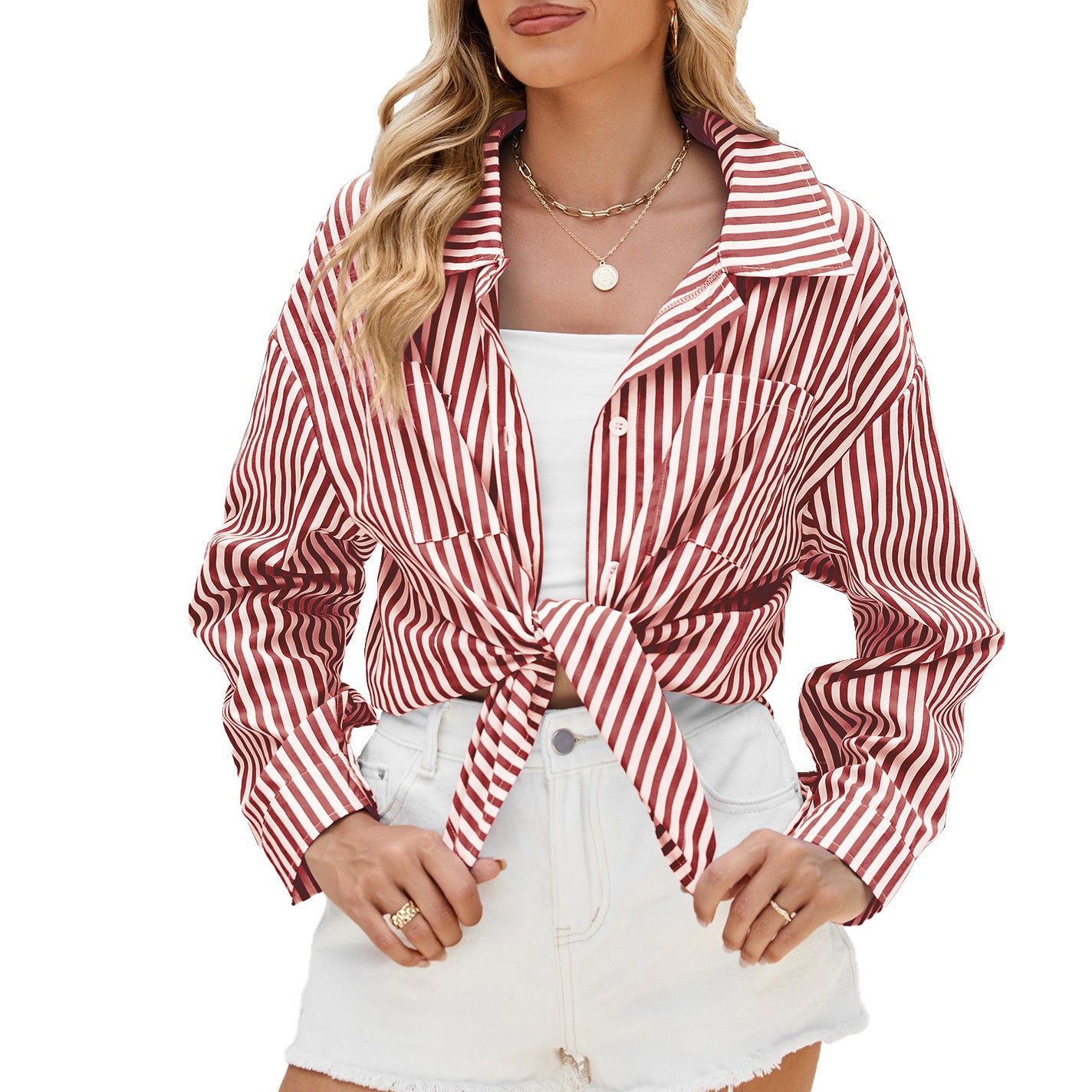 Women's Striped Button Down Shirts Casual Long Sleeve V Neck Collared Blouses