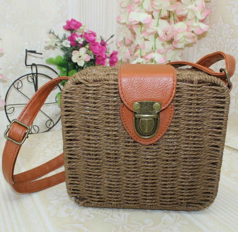 Women's rattan beach bag shoulder diagonal candy color small square box weaving straw bag