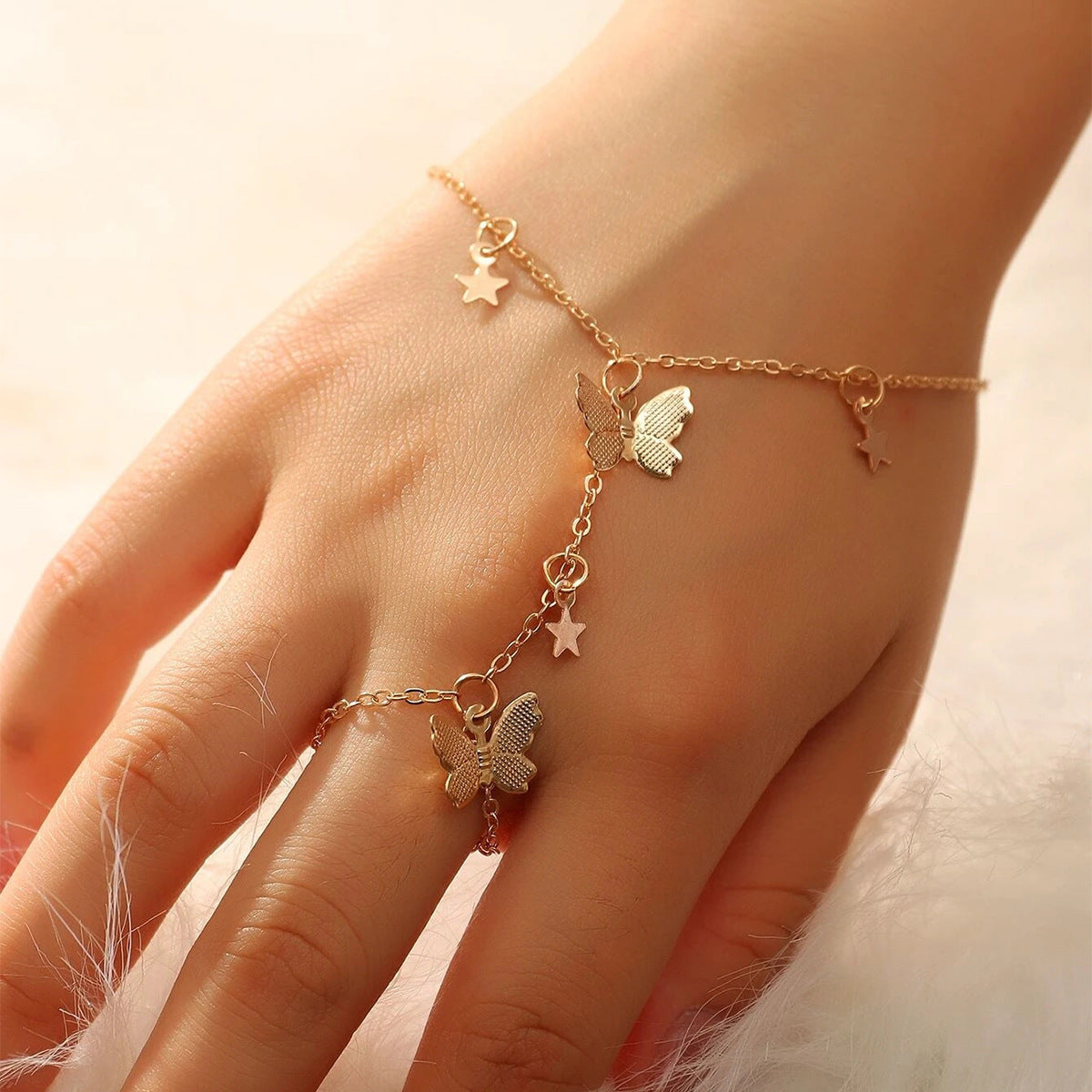 Personality Fashion Tassel Linked Pendant Chain Bracelet Ring Set