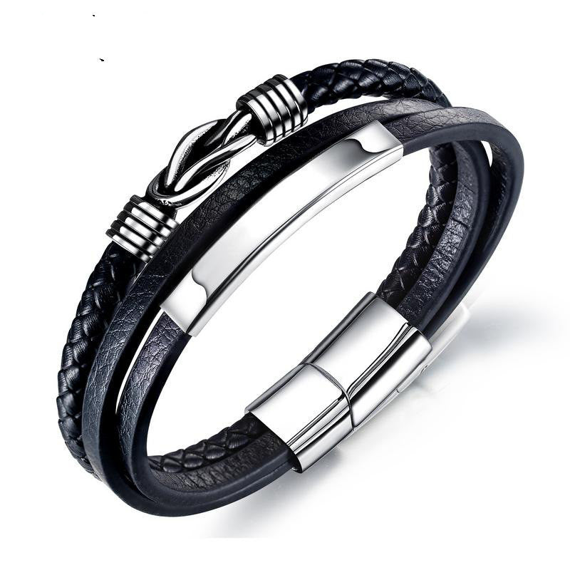 Stainless Steel Leather Braided Bracelet, Multilayer Men's Titanium Steel Jewelry