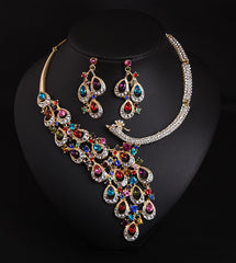 European And American Diamond Color Gem Peacock Necklace And Earrings Suite