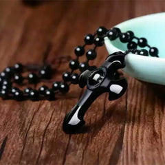 Natural Crystal Obsidian Cross Pendant Necklace