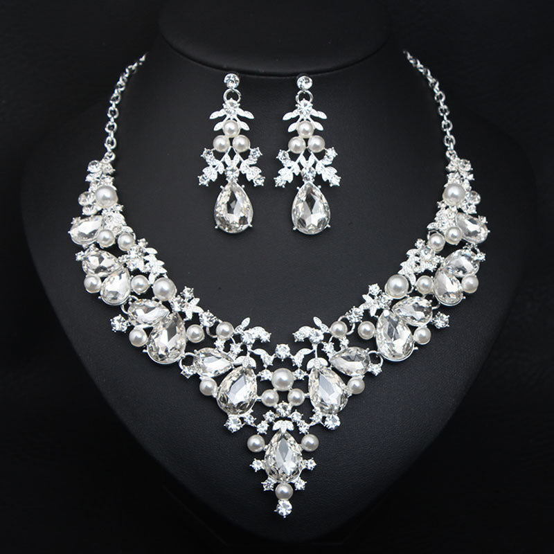 Crystal Pearl Gemstone Necklace And Earrings Set