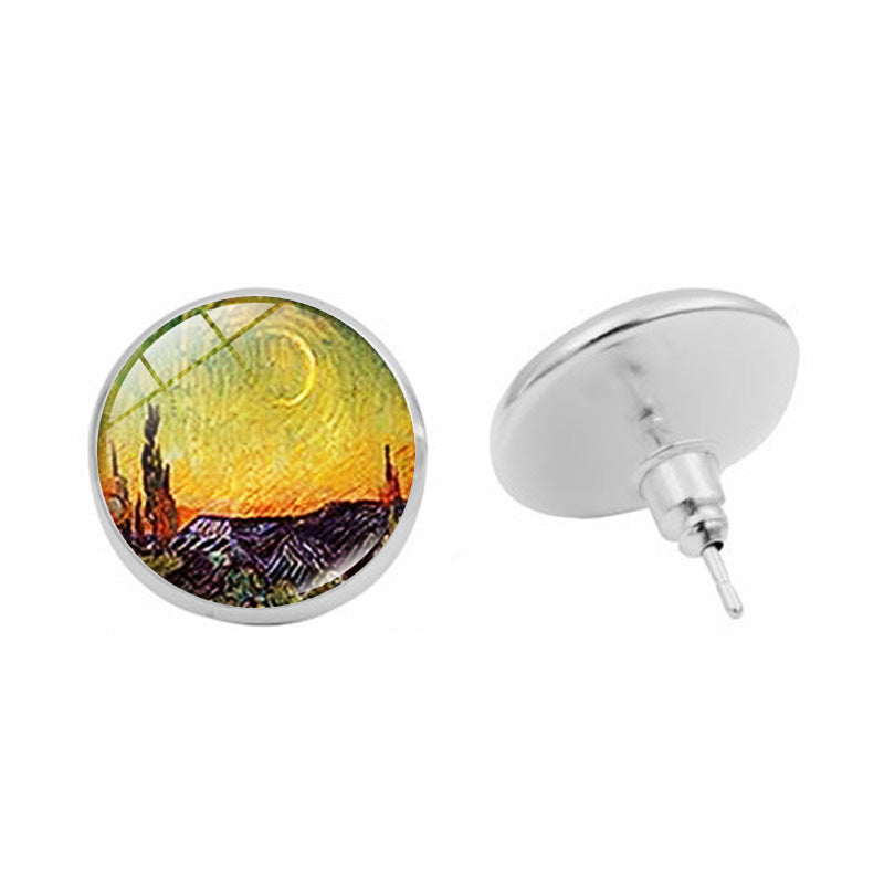 Van Gogh Starry Night Sunflower Time Stone Stud Earrings