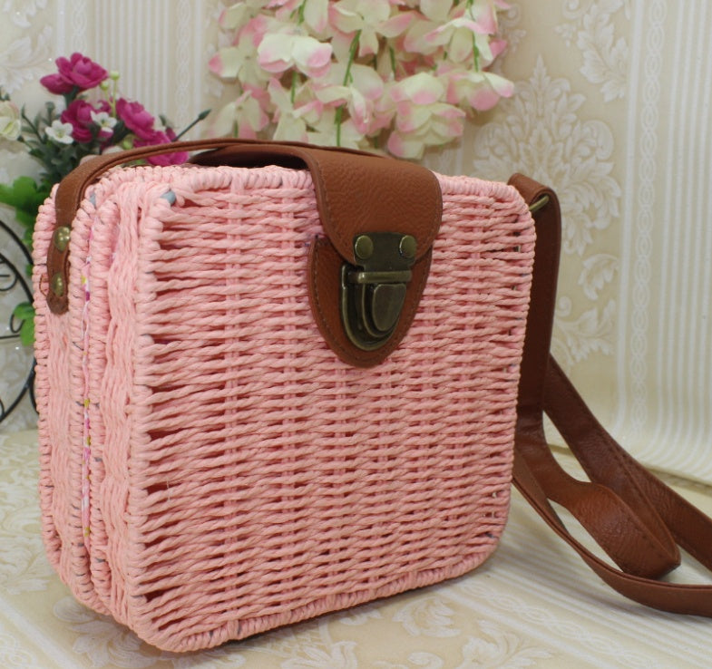 Women's rattan beach bag shoulder diagonal candy color small square box weaving straw bag