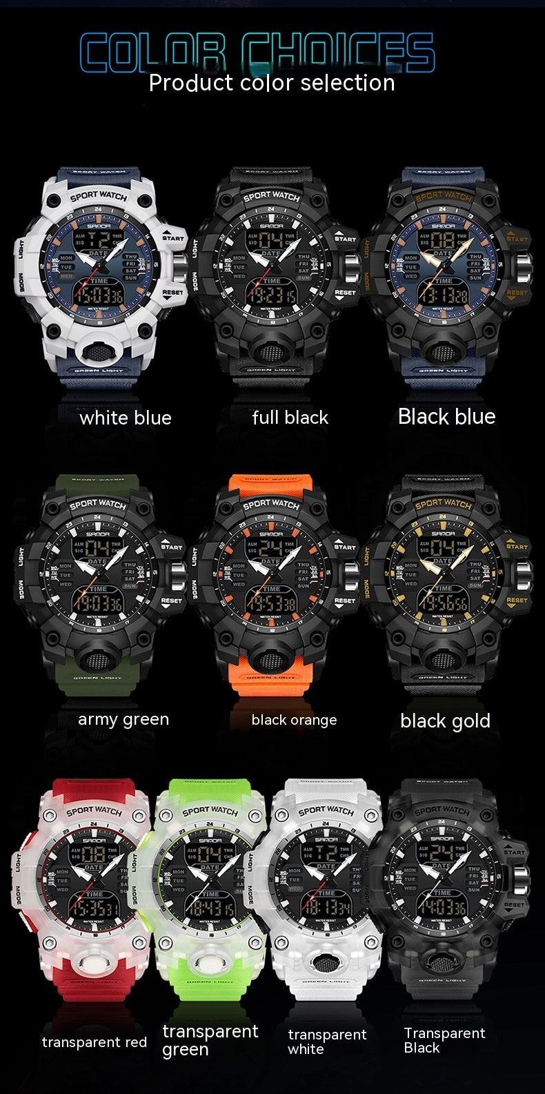 Sanda Green Light Photoelectric Alarm Clock Multifunctional Waterproof Shockproof Transparent Watch