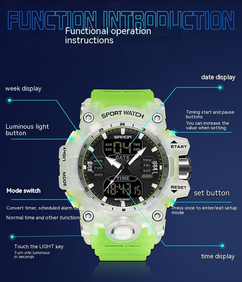 Sanda Green Light Photoelectric Alarm Clock Multifunctional Waterproof Shockproof Transparent Watch